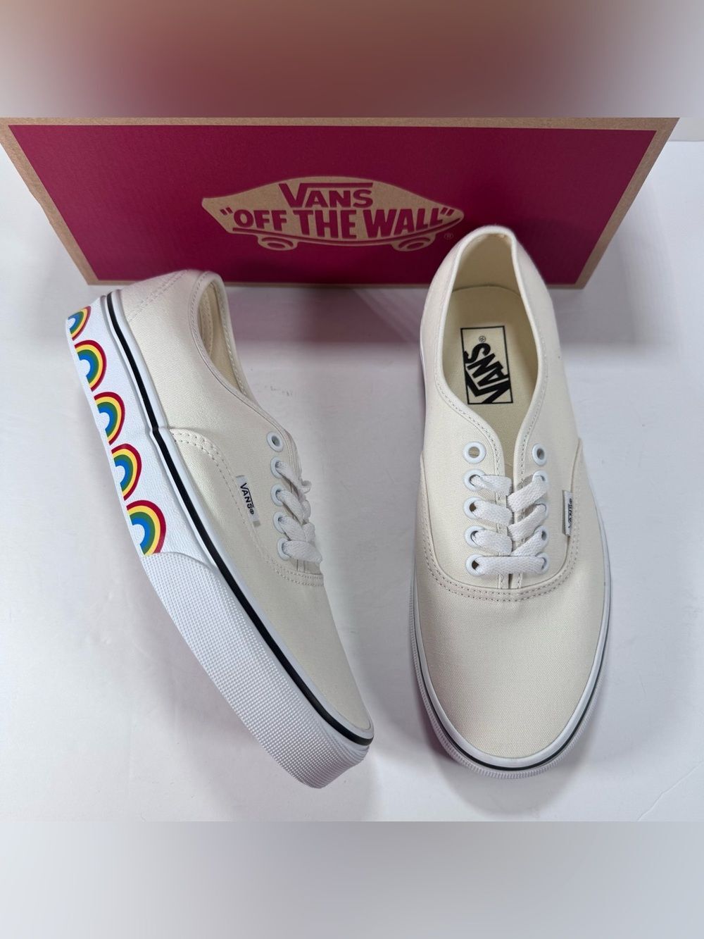 Vans Authentic Rainbow Sidewall Marshmallow White Sneakers Women 9 Men 7.5
